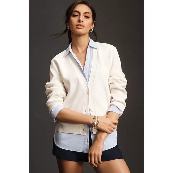 English Factory Mixed Media Cardigan Sweater White Blue Size Large - Picture 1 of 12